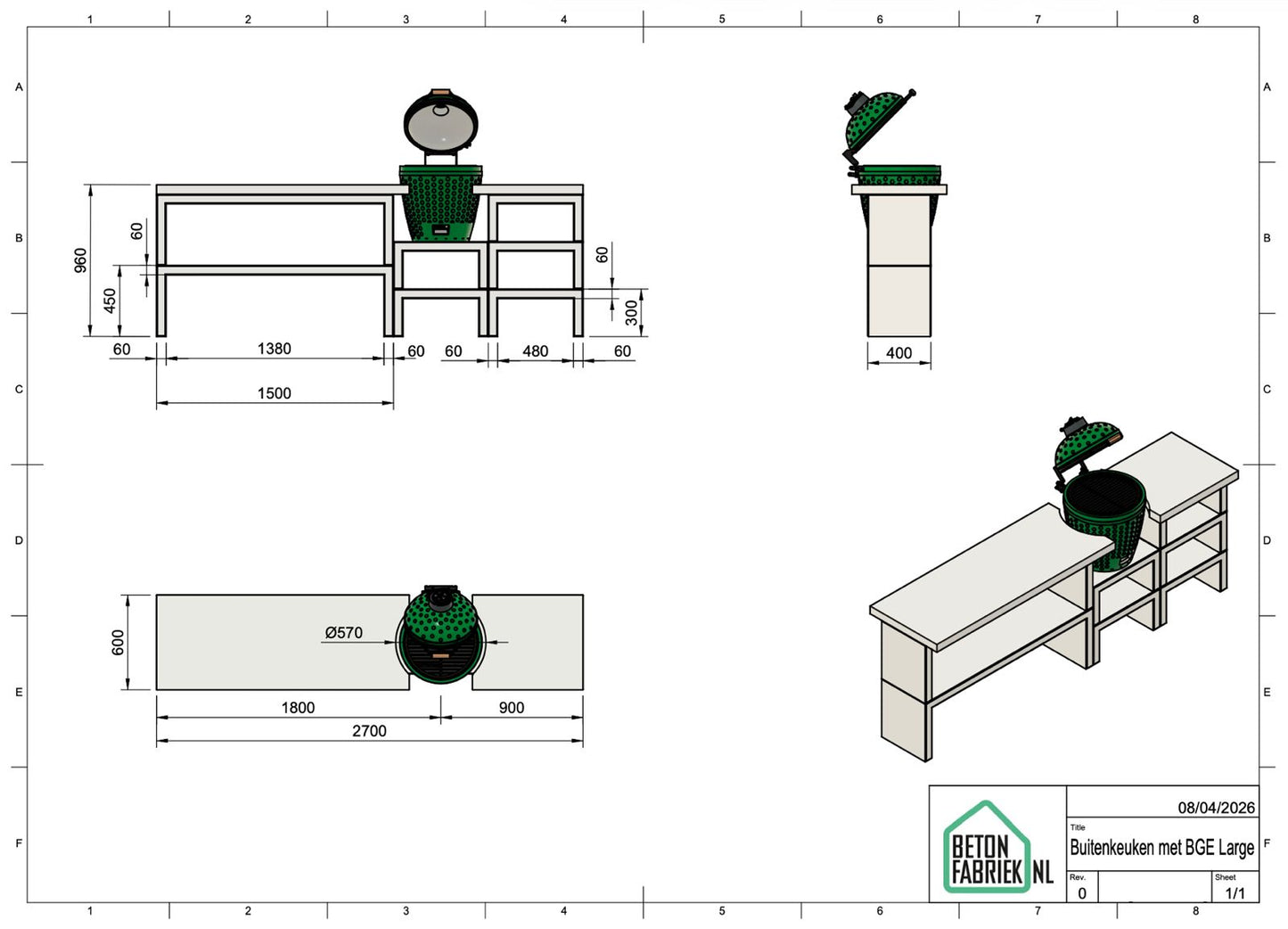 Betonnen Buitenkeuken Compact met Green Egg uitsparing | GRATIS TRANSPORT IN NEDERLAND