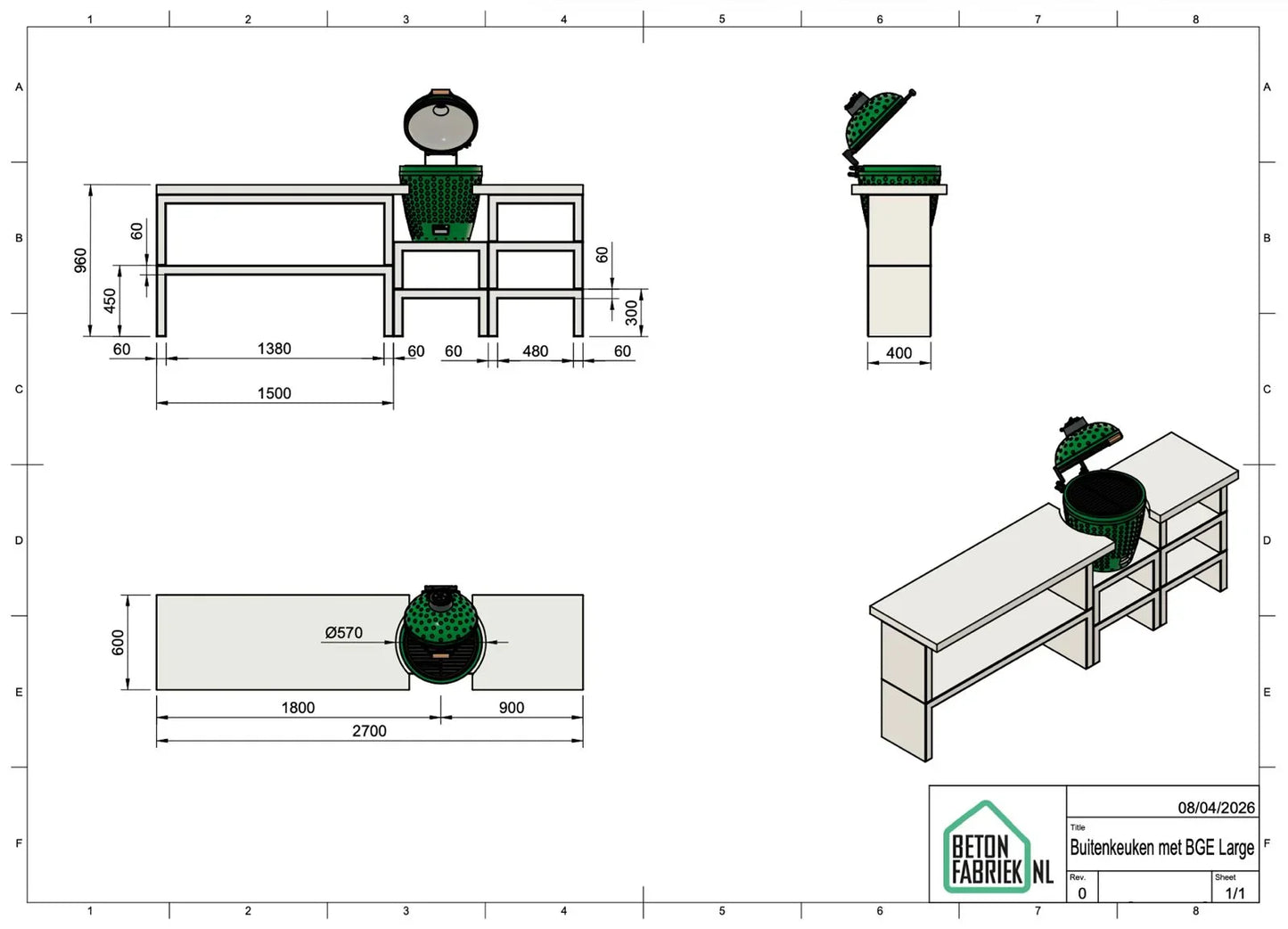 Betonnen Buitenkeuken Compact met Green Egg uitsparing | GRATIS TRANSPORT IN NEDERLAND - Betonfabriek.nl