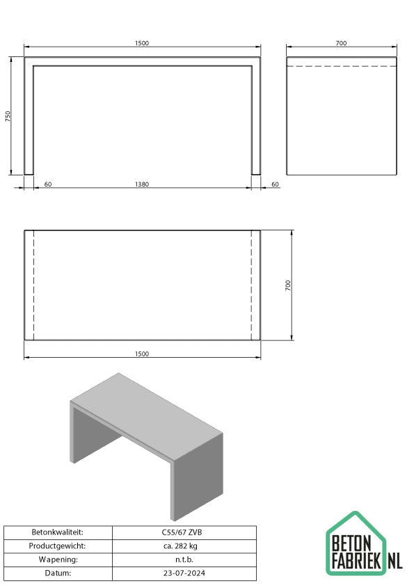 Betonnen Tafel 150 cm – Perfecte Match met Betonnen Bank | Betonfabriek.nl