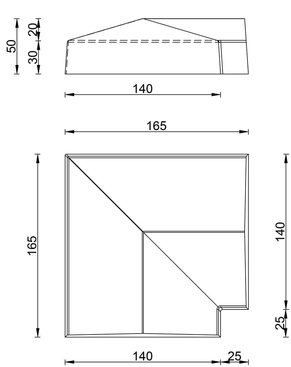 14 cm brede muurafdekker - hoekstuk - tweezijdig aflopend