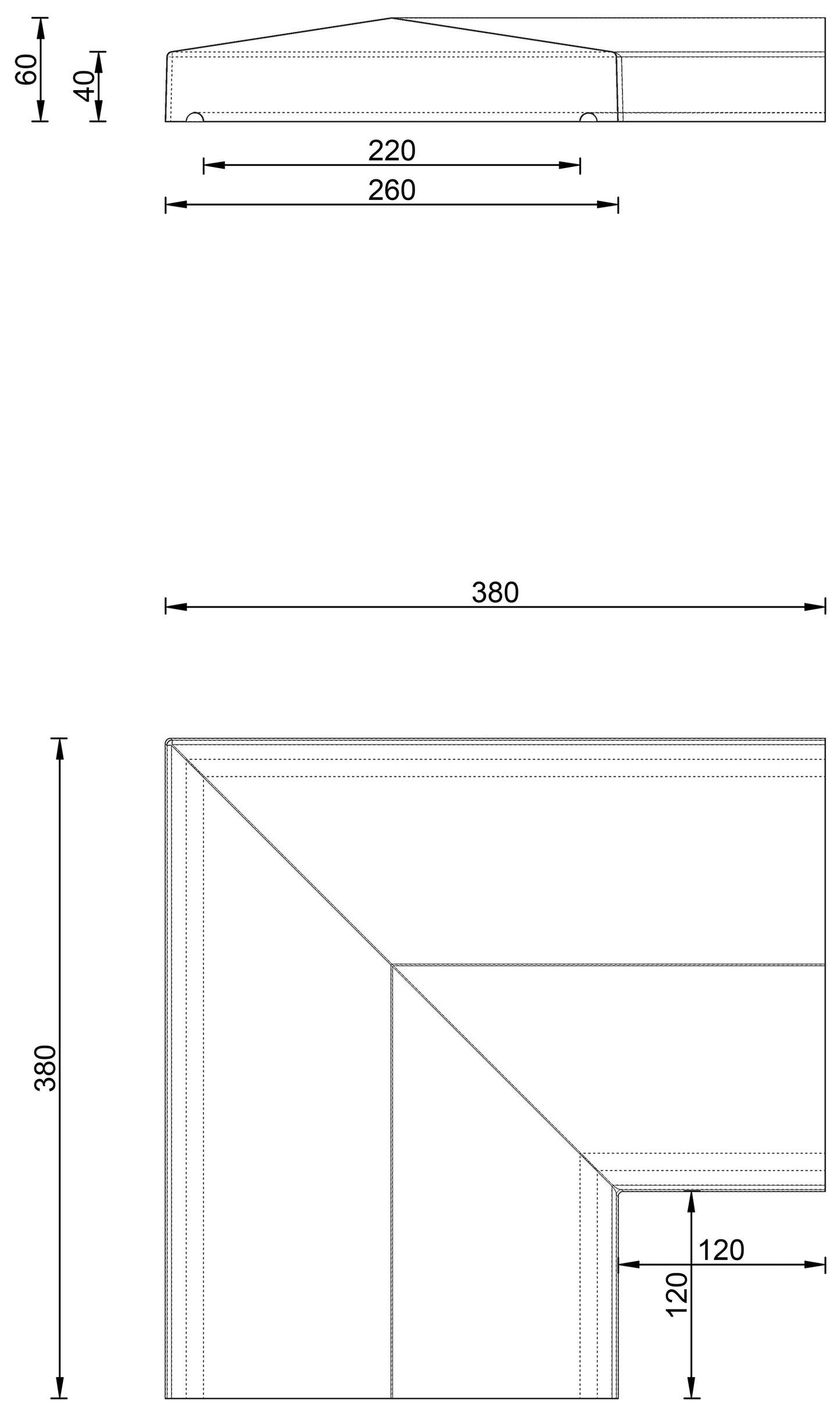 26 cm breed - hoekstuk - 2-zijdig aflopend
