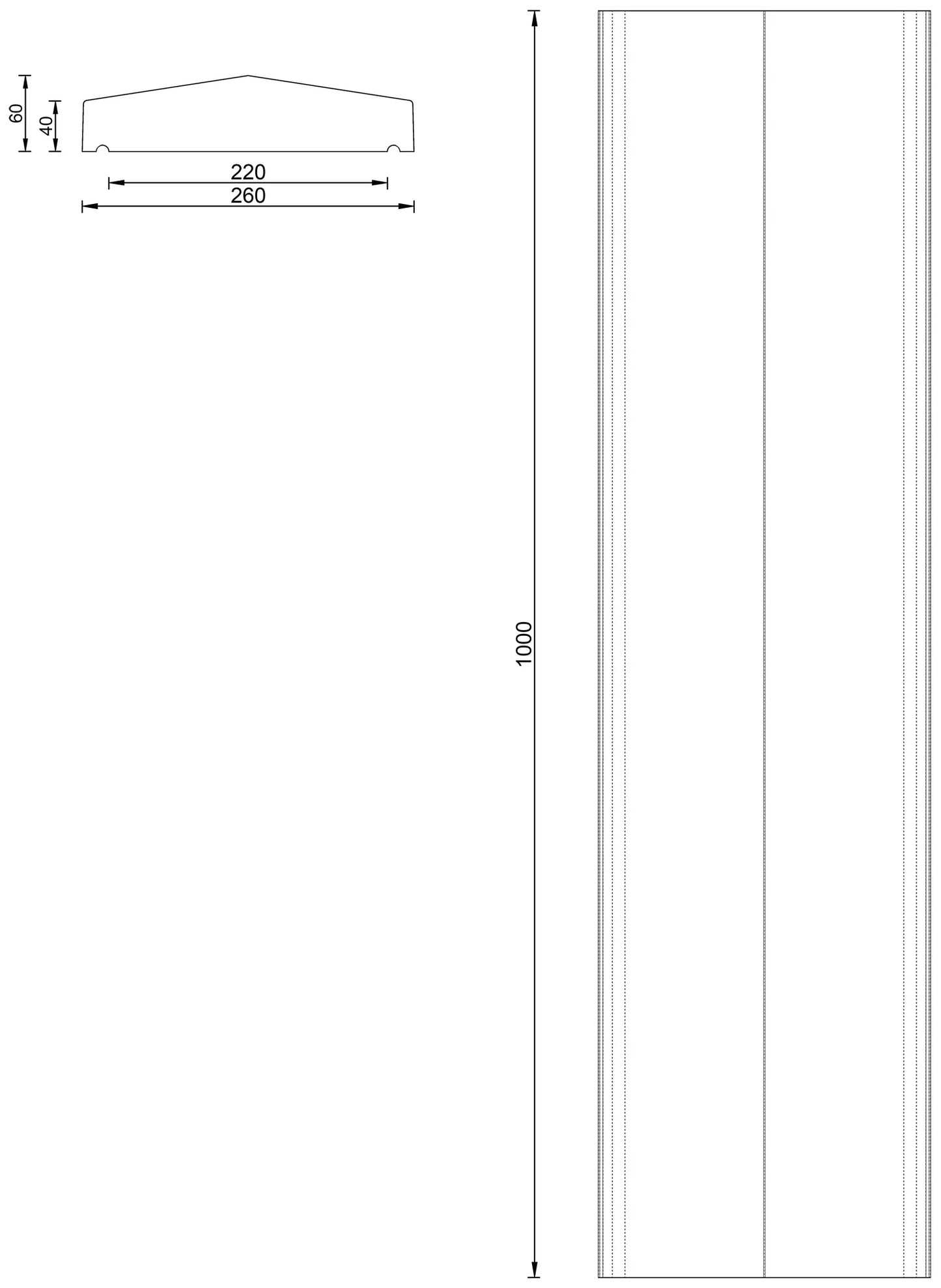 26 cm breed - tussenstuk 100 x 26 cm - 2-zijdig aflopend - Betonfabriek.nl