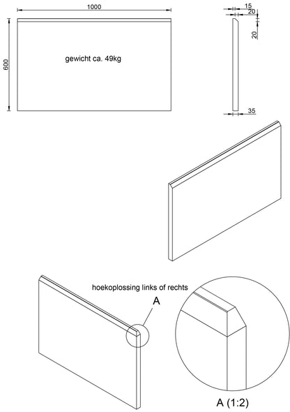 Gevelplint 100 x 60 x 3,5 / 2 cm met sierrand -